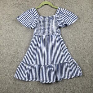 Old Navy Dress Girls 8 Blue Striped Smocked Puff Sleeve Ruffle Hem Sundress